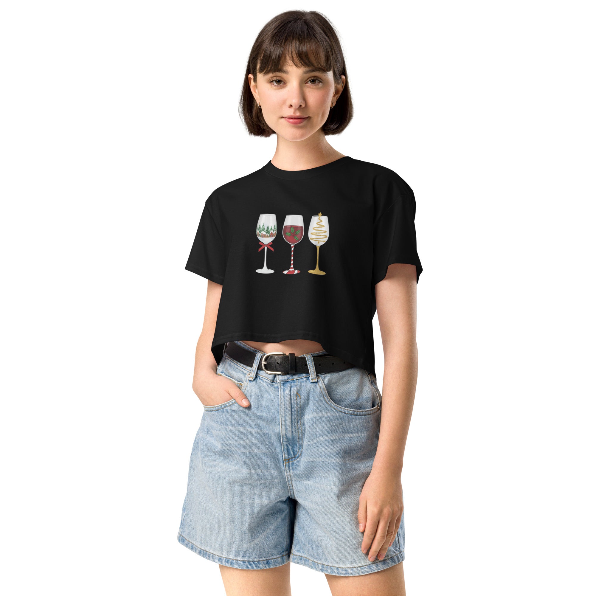 Women's Christmas Wine Glass Graphic Crop Top